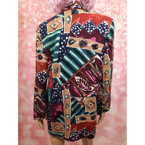 Vintage 80s Funky Tribal Print Oversized Blazer Womens Size M Rayon - Picture 10 of 12